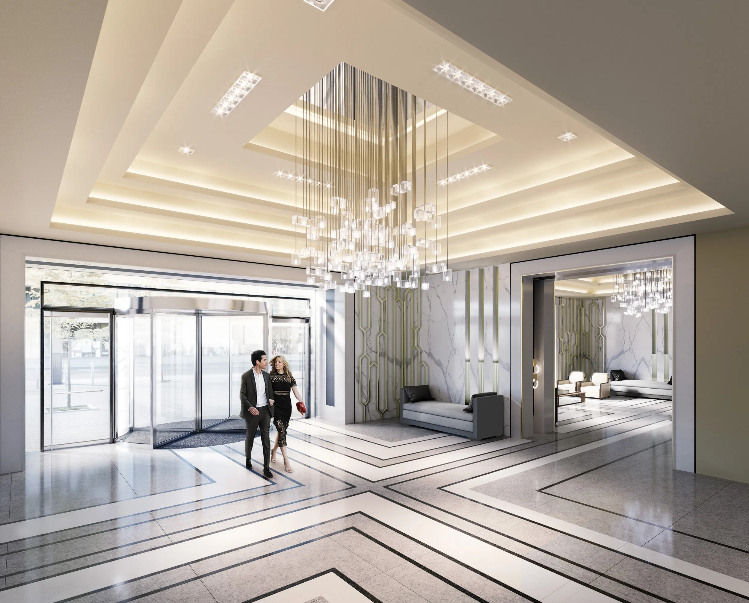 Elegant lobby with modern chandelier and seating