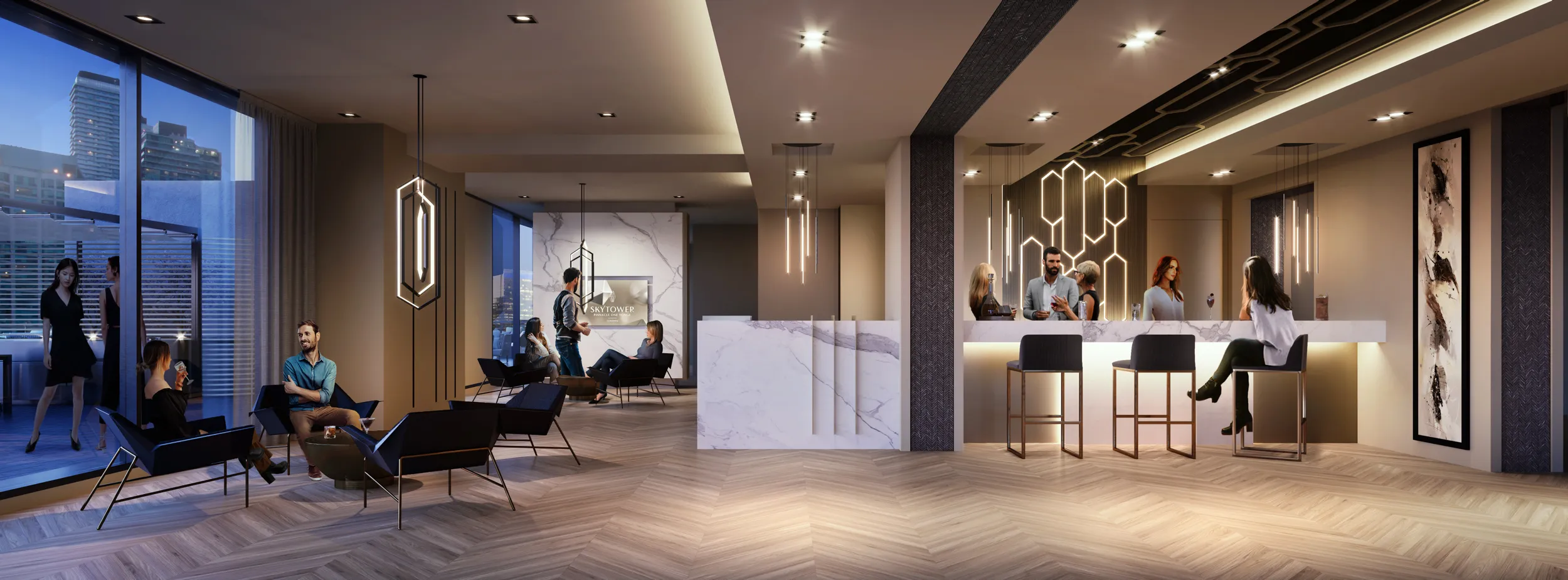Sophisticated party room with lounge seating and bar