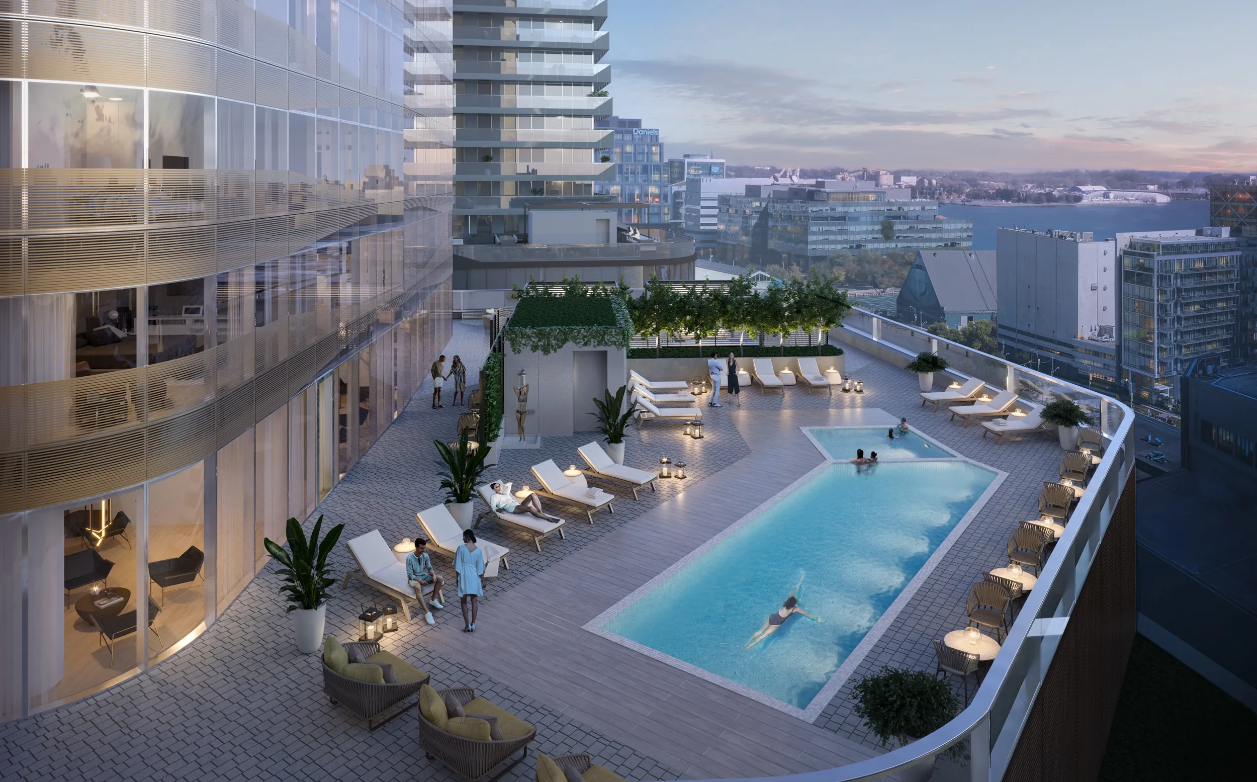 Outdoor pool with sun loungers and skyline view